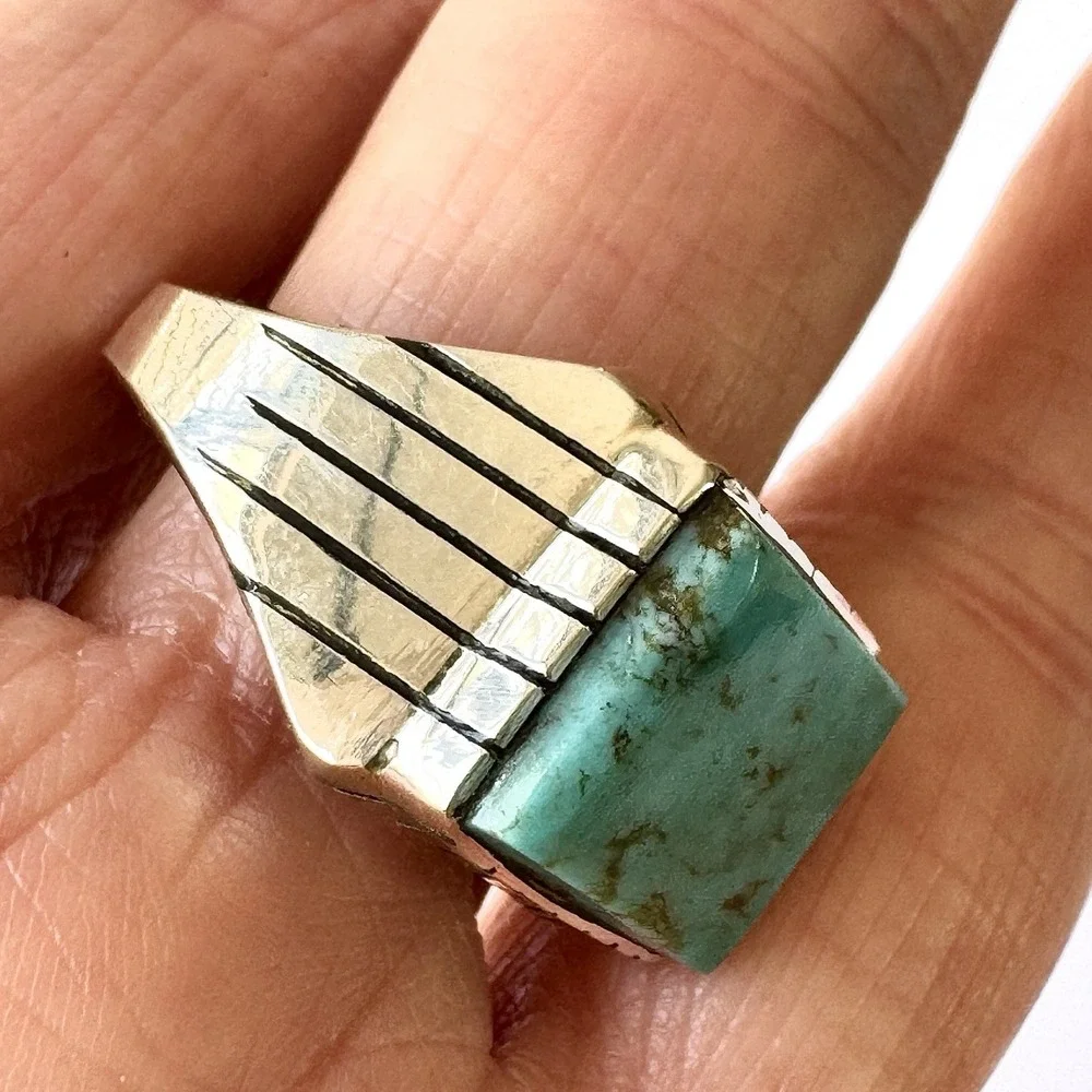 Navajo Turquoise Mens Ring Sz 12 Rectangle Signed Jack Sterling 14mm‎